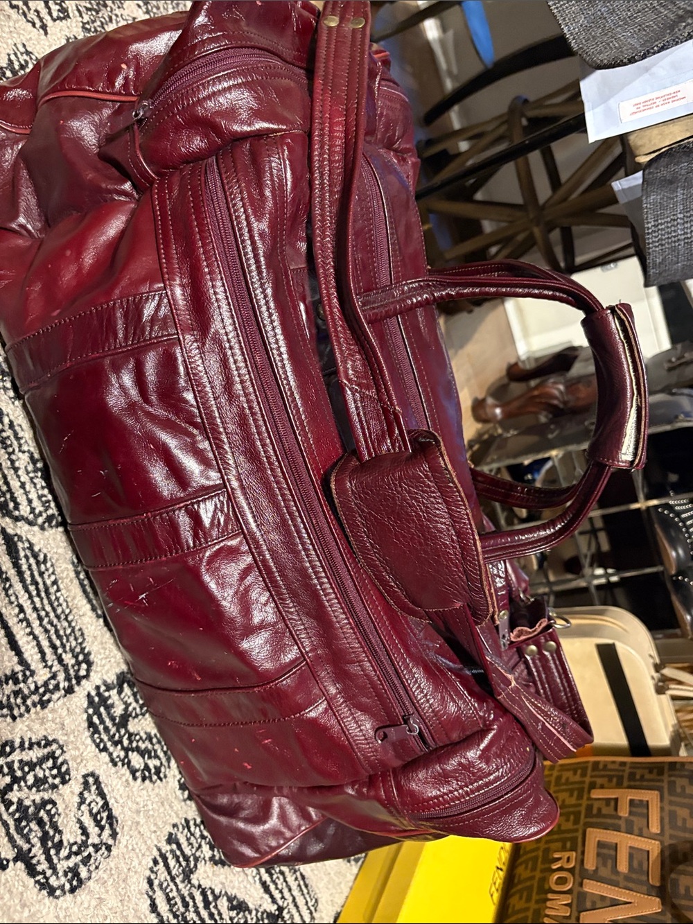 Men's Burgundy Leather Weekend Duffel Bag
